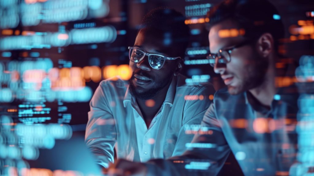 Two men looking at computer screen